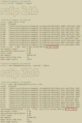 Terminal running the same rclip text search on version 2.1.6 then 3.0.9, with the elapsed-time totals highlighted: 2.12 seconds before and 0.57 seconds after
